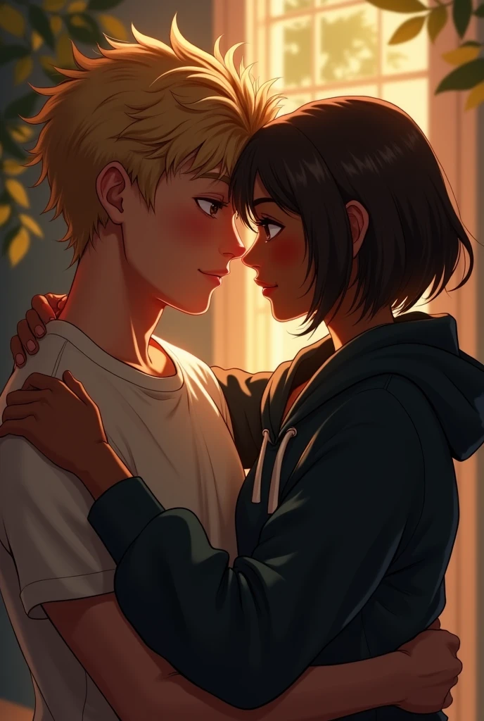 A guy and girl hugging each other, guy: blonde fluffy hair, light skin, clean shave and realistic girl: black brown hair  short, wearing a loose black hoodie,  dark skin tone, black eyes, straight hair make it very realistic make it cozy and romantic make them looking into each others eyes