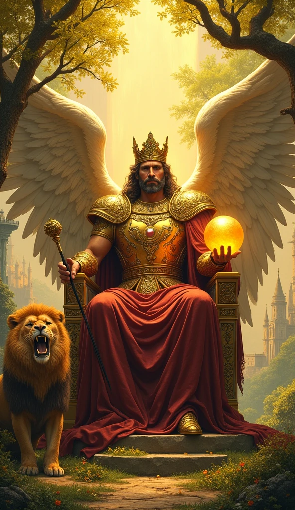 Create a majestic and commanding image for the 'King of Spheres' card in the 'Lumen Angelis' tarot deck, inspired by the 'King of Pentacles' from the Rider-Waite tarot.
In the center of the scene, depict a powerful and dignified angelic king, embodying authority, wisdom, and material success. The king is seated on a grand throne made of intricate golden patterns and precious gemstones, symbolizing his mastery over the physical realm and his connection to divine wealth and prosperity.
He is portrayed as a regal and imposing figure, with a robust and muscular build, clad in elaborate armor that glows with hues of deep gold and bronze. His armor is adorned with celestial symbols and patterns that reflect his command over the material and spiritual worlds. The king's wings are vast and powerful, slightly spread behind him, radiating an aura of strength and protection.
In his right hand, he holds a large, radiant golden sphere, representing the wealth and stability he governs. His left hand rests on the arm of his throne, where a scepter topped with a glowing orb is placed, signifying his authority and control. His expression is calm, confident, and wise, reflecting his experience and ability to rule with fairness and strength.
At his feet, the ground is covered with lush greenery and blooming flowers, symbolizing the fertility and abundance that flourish under his reign. To his right, a large, winged lion with a golden mane sits loyally by his side, representing strength, courage, and unwavering loyalty. To his left, a towering oak tree with golden leaves rises, symbolizing enduring wisdom, stability, and the king’s deep roots in the physical world.
In the background, a vast and prosperous kingdom unfolds, with grand castles, fertile lands, and serene rivers. The sky is clear and expansive, bathed in a golden light that reflects the prosperity and order that the king brings to his domain.
The color palette should be rich with golds, deep greens, and earthy tones.