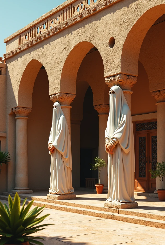 Moorish house supported by pillars in the shape of veiled women in Algerian hayak
