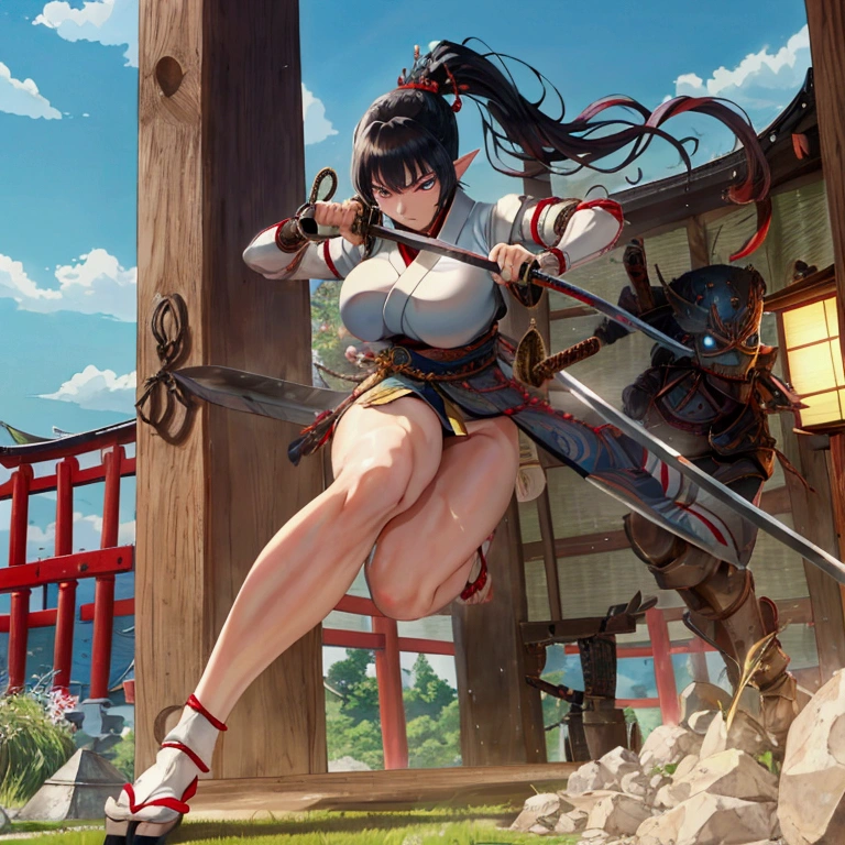 (Japanese women)、(Woman fighting goblins)、(Warrior Princess)、(Goddess of War)、(Black Hair)、(ponytail)、(Old Japanese Armor)、((Holding the Japan sword))、(True to prompts)、(Deluxe)、(Glaring with sharp eyes)、(Super big breasts),(battlefield)、(grassland)、((A large number of soldiers))、(sunny)、(blue sky)、(Best lighting)、{{{Browsing Caution}}}、{{{masterpiece}}}, {{{Highest quality}}}, {{ultra-detailed}}, {{shape}}, {{{Very delicate and beautiful}}},{{extremely detailed CG}}、{{unity 8k portrait}}、{{Fabric Shading}}、{{super detailed skin}}、{{Perfect Anatomy}}、{{detailed}}、{{Dynamic Lighting}}、{{{beautiful detailed eyes}}}、{{{beautiful detailed Face}}}、(Perfect Legs)、(Perfect breasts)、(Perfect pose)、(Perfect body)