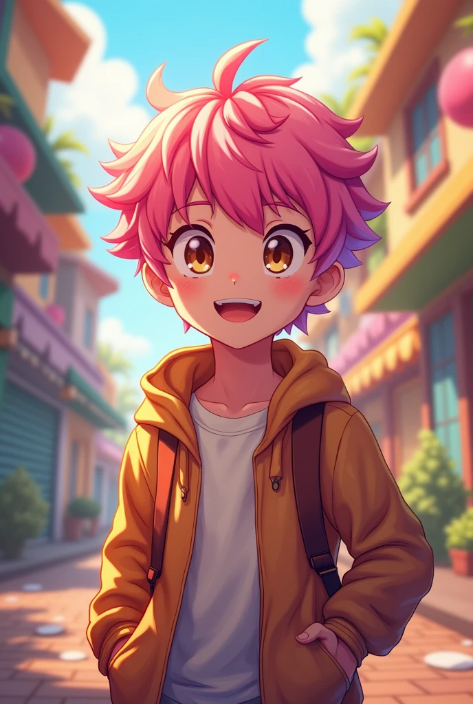 young anime man character with pink hair and brown eyes happy
