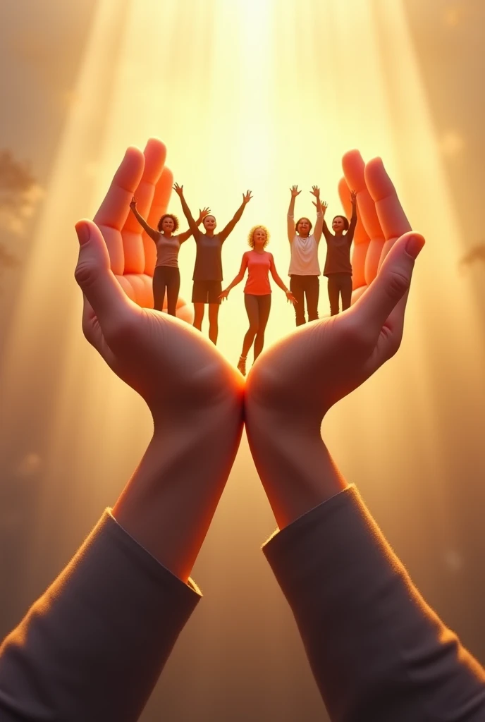 A heartwarming image of hands lifting up a community or group of people, symbolizing selflessness and leadership that prioritizes the well-being of others. The hands are strong and supportive, gently cradling a diverse group of individuals who are smiling and reaching upwards, representing hope, unity, and collective success. The background features soft, warm colors that evoke feelings of care and compassion, with light rays or a soft glow highlighting the hands and the people. The overall composition should convey a sense of warmth, empathy, and the power of putting others' needs first in leadership.