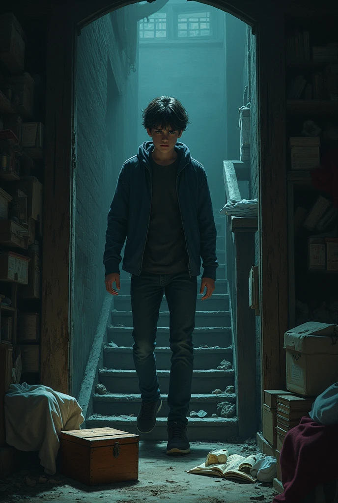 basement was a dark and dusty space, full of stacked boxes and furniture covered by sheets. A creaking staircase led him down, where a smell of old wood and humidity enveloped him. We will be ( 17 year old boy with black hair and dark skin) between fear and excitement for the unknown. As I looked around the place, something caught his attention: a small wooden box protruding from a pile of old books. 