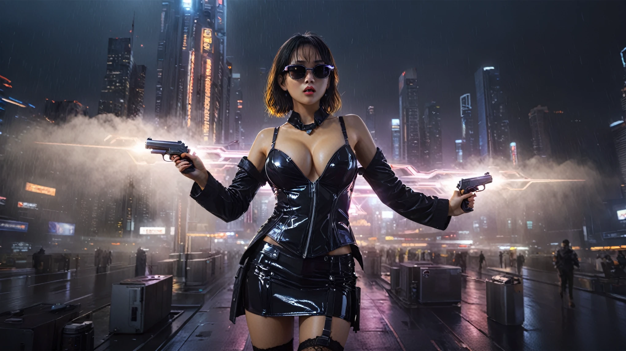 Blade Runner style futuristic Tokyo city, flying cars, neon lights, rainy night. (1girl, solo, alone), large-breast:1.2 slim:0.9 body, oval:0.8 face, cleavage:1.1, sexy laced lingerie, low angle view of miniskirt, jacket, (black micro sunglasses), (holding a short gun), half-body thigh level medium shot, cinematic lighting, ray tracing.