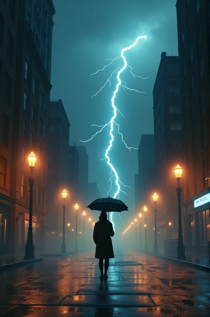Standing on the street, umbrella in hand, Thunder roars above, a fierce command, Lit by streetlights, cozy despite the storm, Finding warmth in the night, a familiar form.