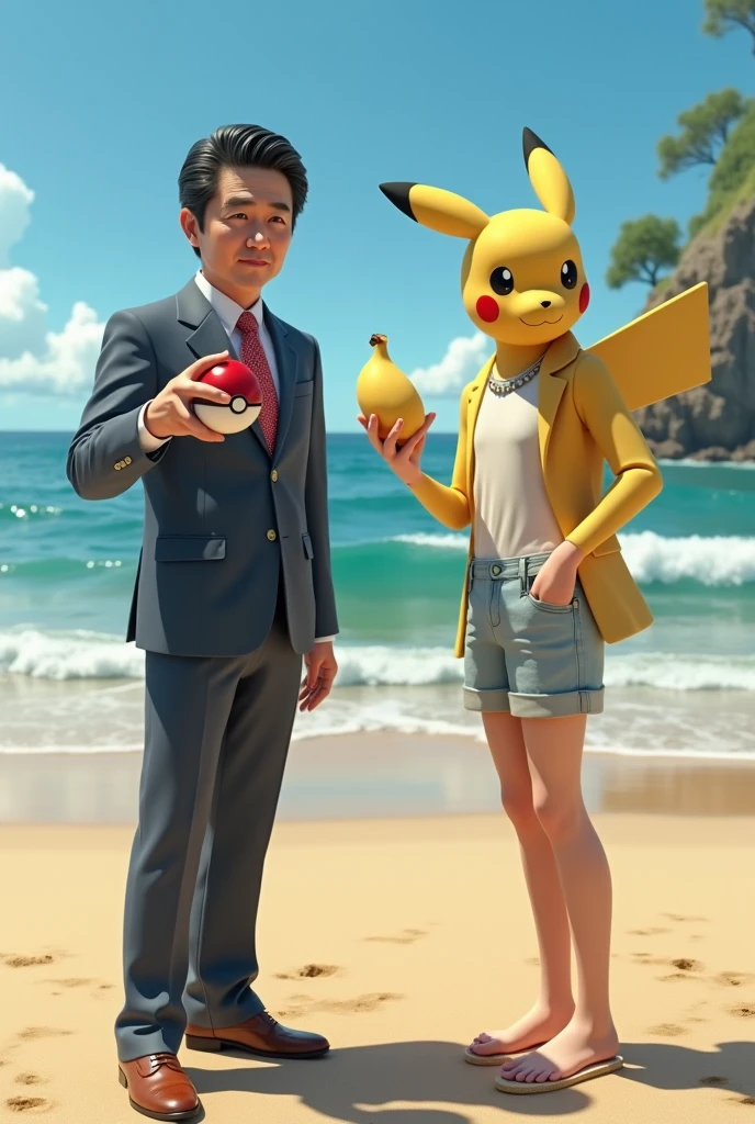 At the Beach, Holding a banana in your right hand、Shinzo Abe holding a Pokéball in his left hand