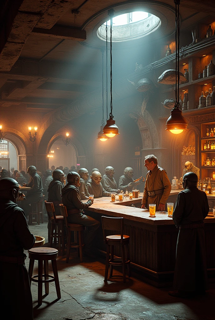 A catina bar from Star Wars, in the middle of the room is the big bar with the bartender, there are many different kinds of creatures, a band is standing on the side with different instruments, there is alcohol and cigarettes, there are people playing cards, Not so bright, good atmosphere, ultrarealistic, detailed