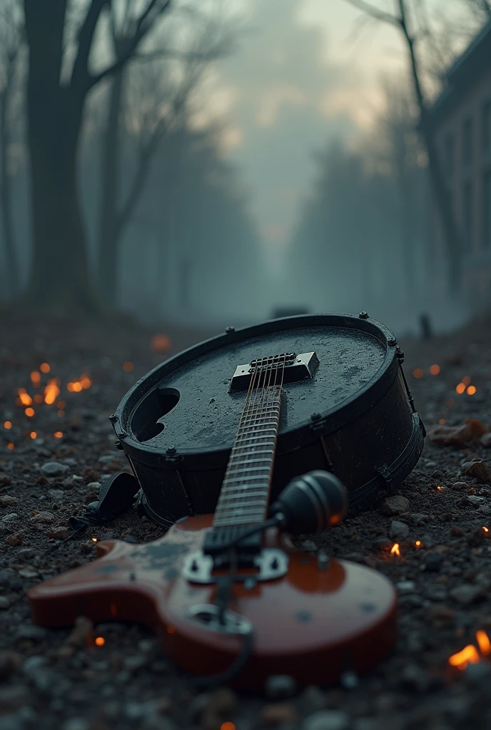 a DEVASTATED WORLD with embers on the ground at dusk with a thin cloud of smoke and a broken black drum playing,  and a jackson guitar lying on the floor and a brown bass guitar lying on the floor and a microphone lying on the floor