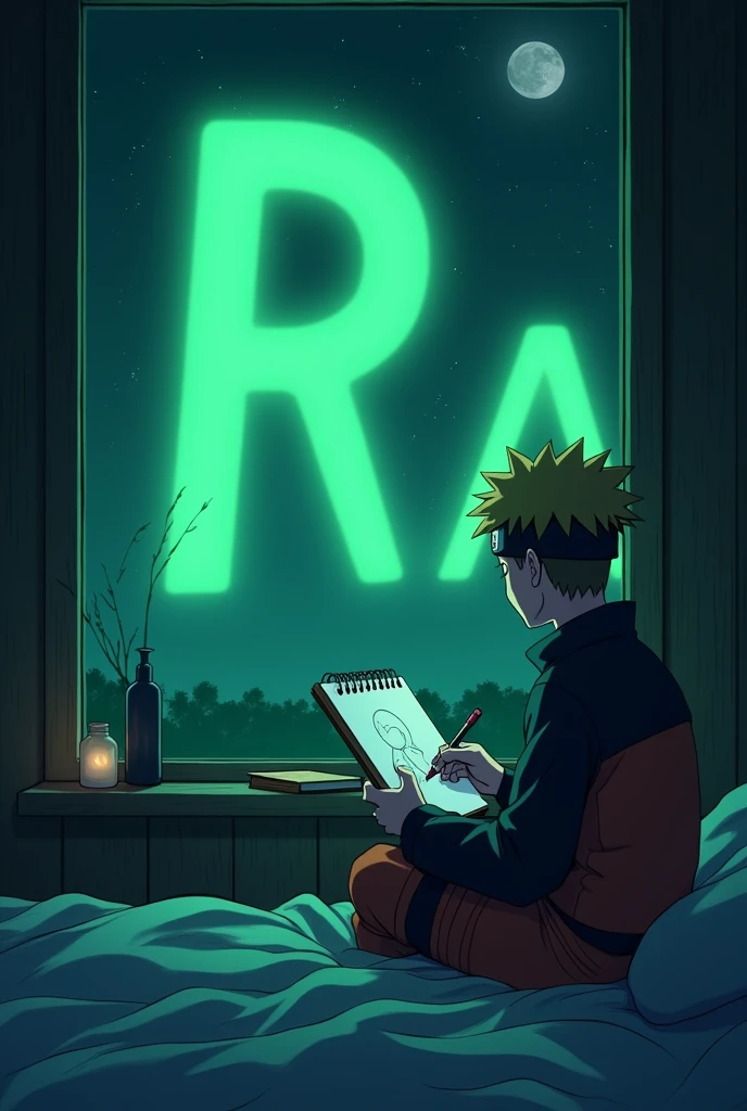 4k anime which naruto sketching on his bed while looking at big green ABSTRACT letters through his window at night