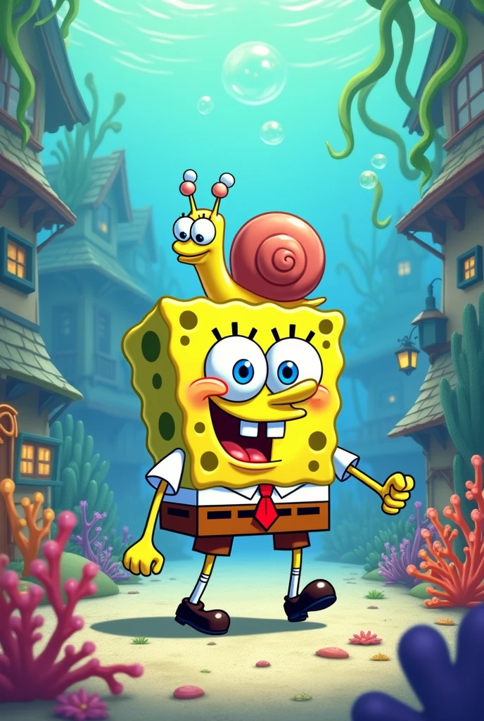Sponge Bob Taking Garry for a Walk
