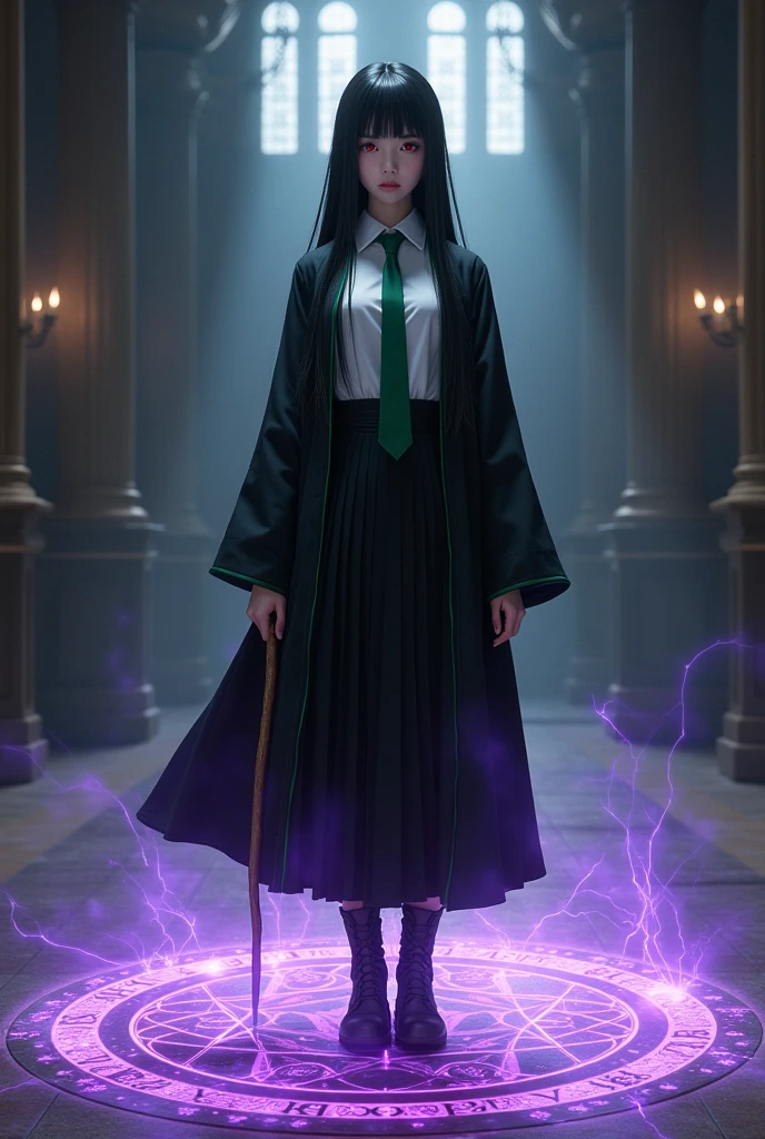 magic magic school。Snake House Student。White blouse。Green tie。Long black pleated skirt。Black lace-up boots。Black robe with green lining。25cm thin wooden magic wand。Straight long black hair。Bangs。Hime cut hair。Crimson Eyes。Mysterious beautiful girl。Quiet。Expressionless。cold gaze。Indifference。Powerful magic。Purple light。A complex and detailed magic circle at my feet.。