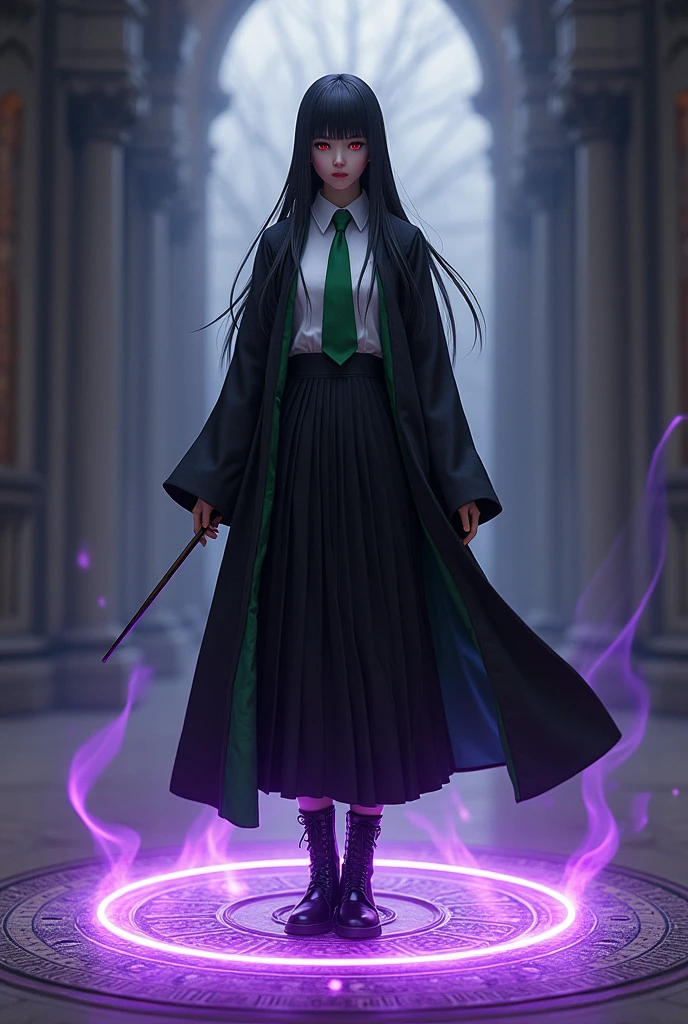 magic magic school。Snake House Student。White blouse。Green tie。Long black pleated skirt。Black lace-up boots。Black robe with green lining。25cm thin wooden magic wand。Straight long black hair。Bangs。Hime cut hair。Crimson Eyes。Mysterious beautiful girl。Quiet。Expressionless。cold gaze。Indifference。Powerful magic。Purple light。A complex and detailed magic circle at my feet.。