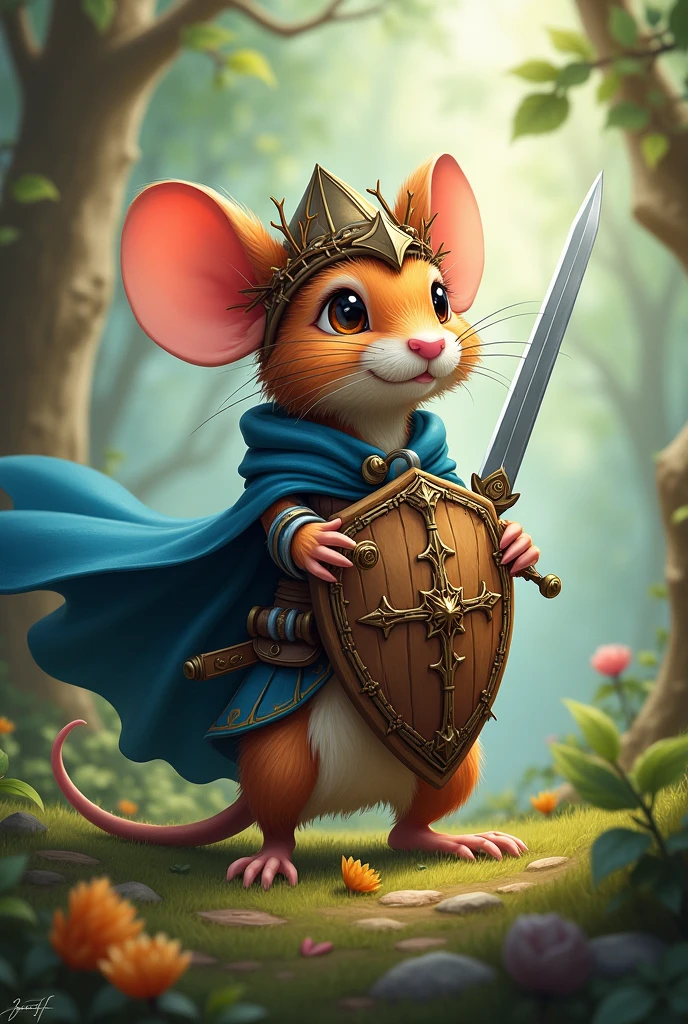 Make a Paladin Mouse for RPG, he uses a hazel shield, a sword made of a needle, and a helmet of branches, he wears a blue cape