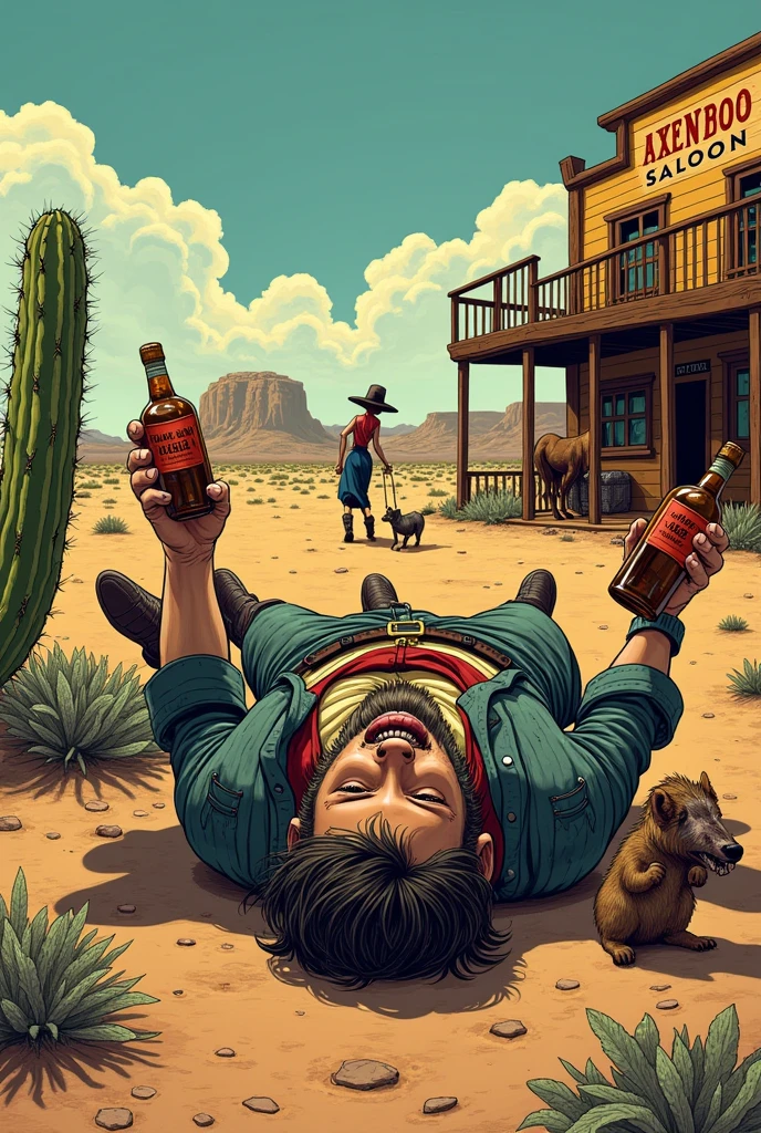 Hyperrealistic color comic 1950s look a drunk cowboy next to a saloon with two large bottles of liquor in his hands lying on top of a cactus in the desert a cowgirl woman helps him in the background a saloon next to him the horse a dog an armadillo and a cowgirl woman who helps him get up in the background a saloon