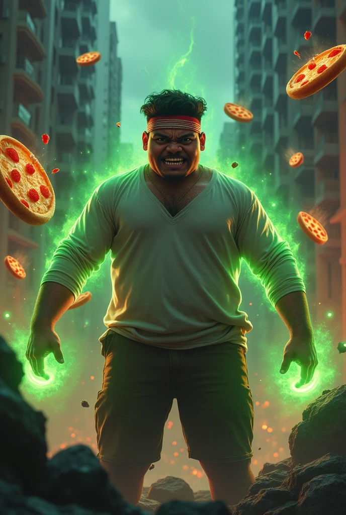 20year old bangladesh man , nepal ( chubby body type. body.) sharp eyes. chubby face. dark skin. man . Anger face. Open mouth. wear headband red whitr. . wearing an (green red stripe jacket) future shirt . anger faces, short hairstyle.wear white singlet . Dramatic.. at city ,( camouflauge green)cargo pant,, detailed face, cinematic lighting, dramatic atmosphere,.hot day. vibrant colors, 8k, high quality, photorealistic. Hero suit.. ha,army green logo design on pant . Very strong. Future design dress. Very epic. Very hot background.. dark sky. Very strong . . Flying floating glowing pizza, candy. chocolate bar everywhere..Floating small rock small rock glwing green everywhere.have a power turn anything to the food. ))green two finger on both side. upper tilt shift shoot photograpy. jump effect. panning effect.
