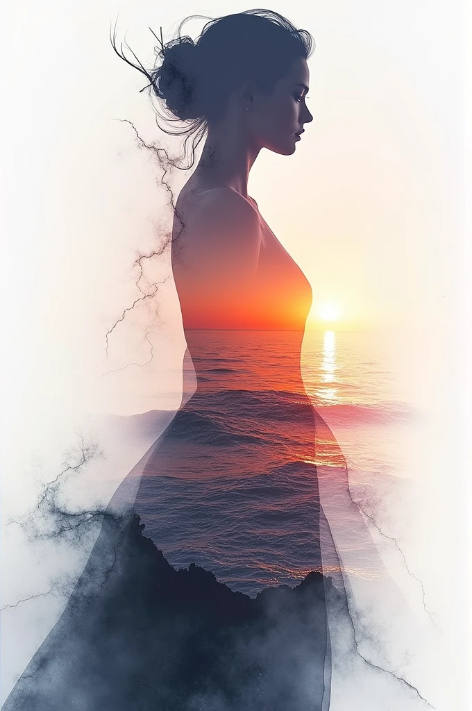 high quality, 8K Ultra HD, A beautiful double exposure that combines an goddess silhouette with sunset coast, sunset coast should serve as the underlying backdrop, with its details incorporated into the goddess , crisp lines, The background is monochrome, sharp focus, double exposure, by yukisakura, awesome full color,