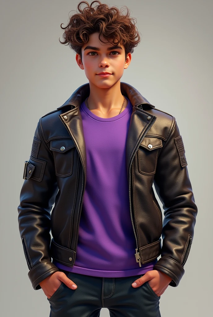 Buff muscular kid with curly brown hair wearing a purple t shirt and a leather jacket