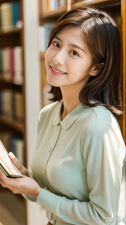 RAW photos), (realistic), (masterpiece), (best quality), high resolution, 8k, (intricate details), (Voluminous light), portrait, female, 3, medium hair, straight hair, Center chest gap, layered hair, brown hair, very nice eyes, source order, very nice eyes썹, very good skin, Very good mouth, Very good nose, Cute like an idol, smiling face, (thick lips), (library), slim body, Voluminous breasts, ((bookshelf)), AirPods, ((I am reading a book.))