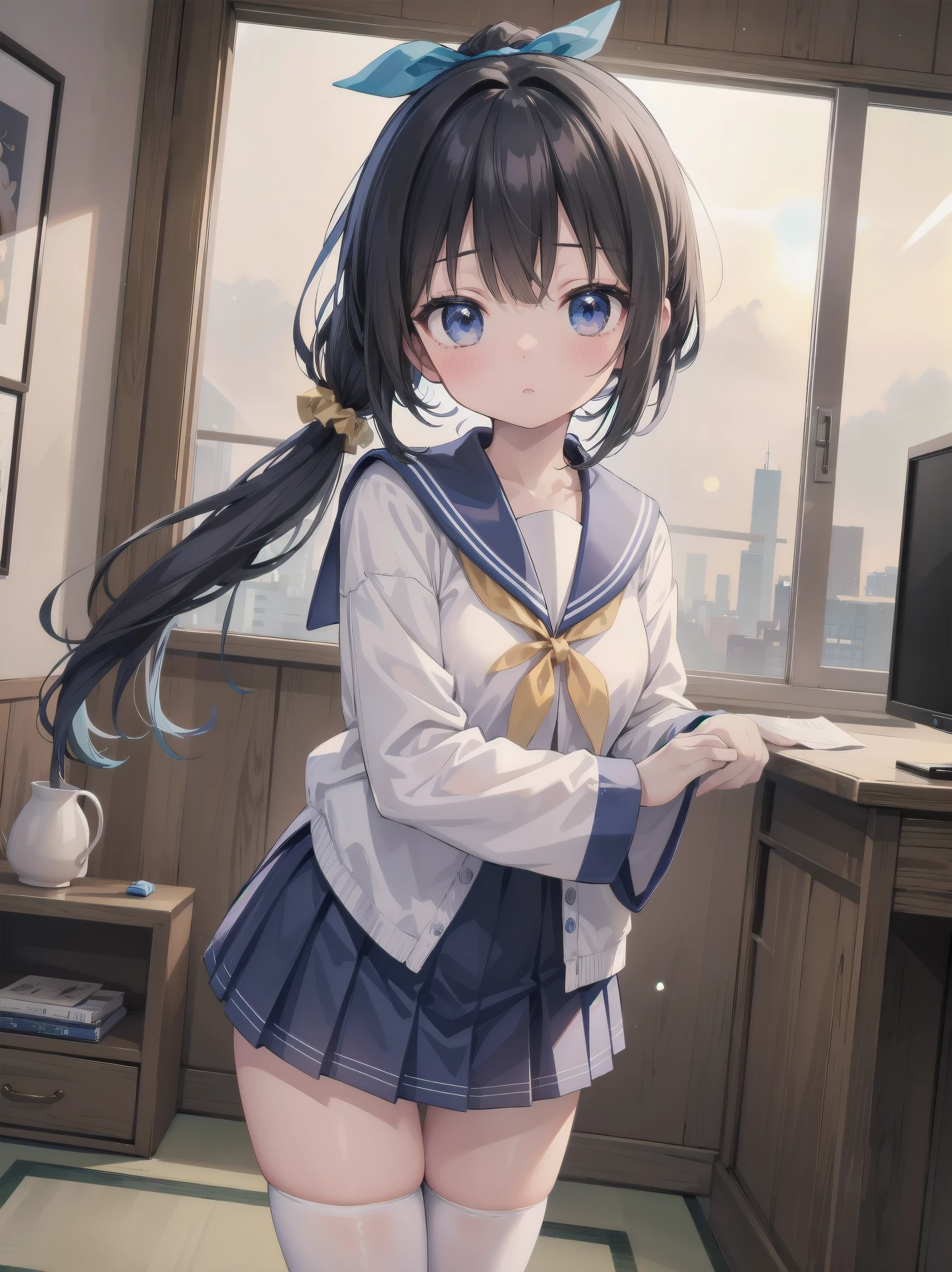 masterpiece, figure, Very detailed, cute, one person&#39;s, alone, Slender, Japanese, Scrunchie, ribbon, Neck, Low Ponytail, 露出度が低い服装でcuteポーズ, (Blue sailor suit, Two golden lines), large gold 大きなribbon, Pleated skirt, Thigh-high stockings, , Long sleeve, White innerwear for sailor uniform, living room, Cowgirl Shot, software, Dynamic Angle、Character close-up、(building, city、A dense fog of fluorescent particles、１８００device、Japanese style、fiction、growing up、overwhelming、As detailed）、美しい背景と超cuteポーズをした美しい
