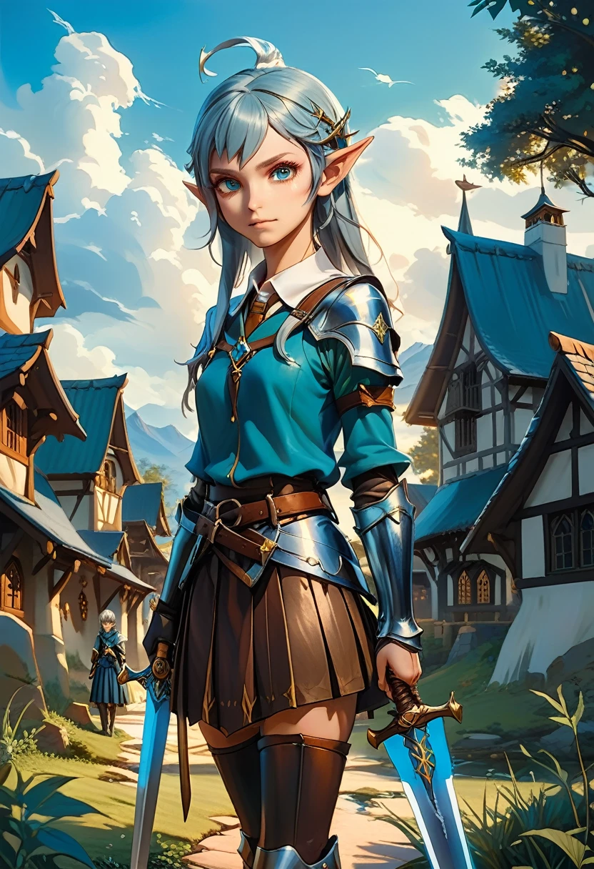 Hyper-realistic 3D anime rendering. An elf, standing in a fantasy village. She is holding a glowing Claymore sword, propped on her shoulder. She wears a modern-day school uniform spliced with ancient reflective steel armor. Her armor has leather accents and runic detailing. she wears a pleated skirt and metal thigh-highs. Her eyes are deep blue with a slight incandescence. Her expression is focused and determined.