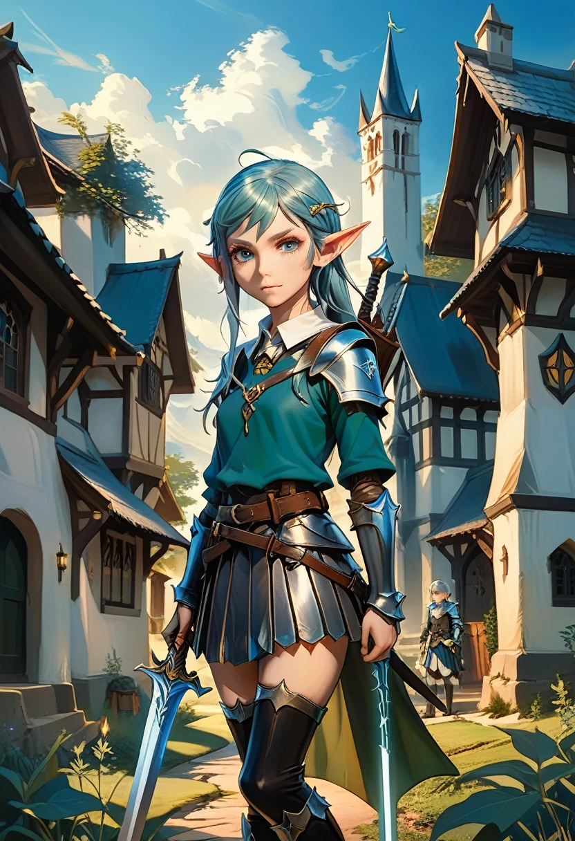 Hyper-realistic 3D anime rendering. An elf, standing in a fantasy village. She is holding a glowing Claymore sword, propped on her shoulder. She wears a modern-day school uniform spliced with ancient reflective steel armor. Her armor has leather accents and runic detailing. she wears a pleated skirt and metal thigh-highs. Her eyes are deep blue with a slight incandescence. Her expression is focused and determined.