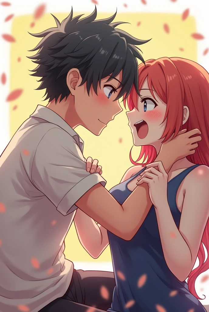 A anime boy and girl playing wrestling,boy was sitting on the girls breasts