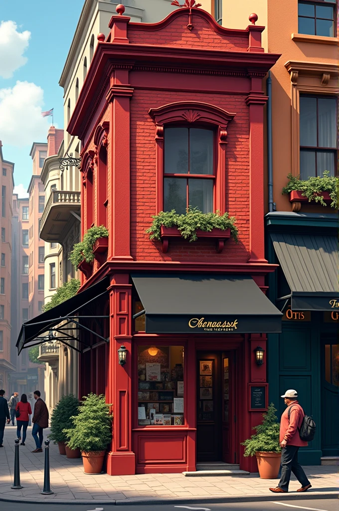 small red building with cursive sign and black awning