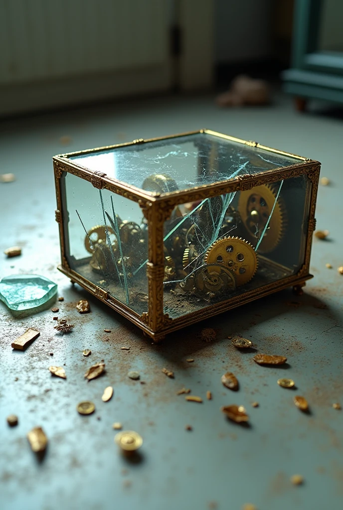 Broken glass music box on the floor