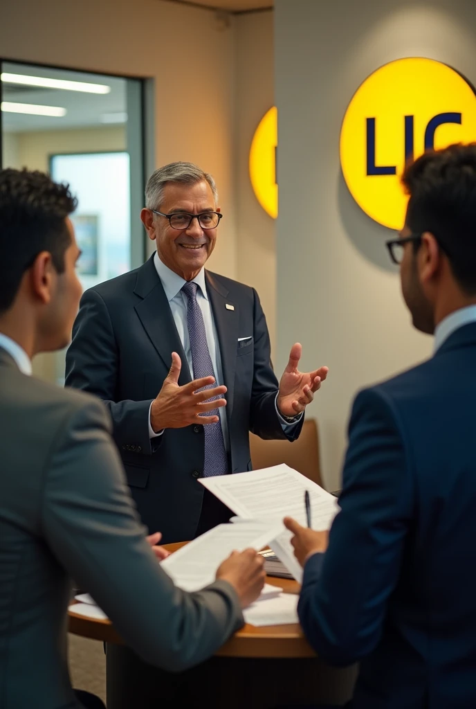 A man selling lic policy to a customer and clearly show that the man is lic agent and selling lic policy and lic show on the wall with yellow colour