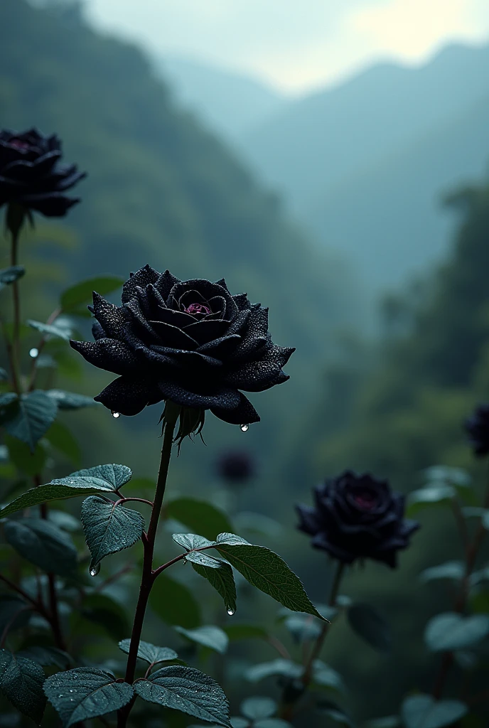 A black rose farm with water droplets