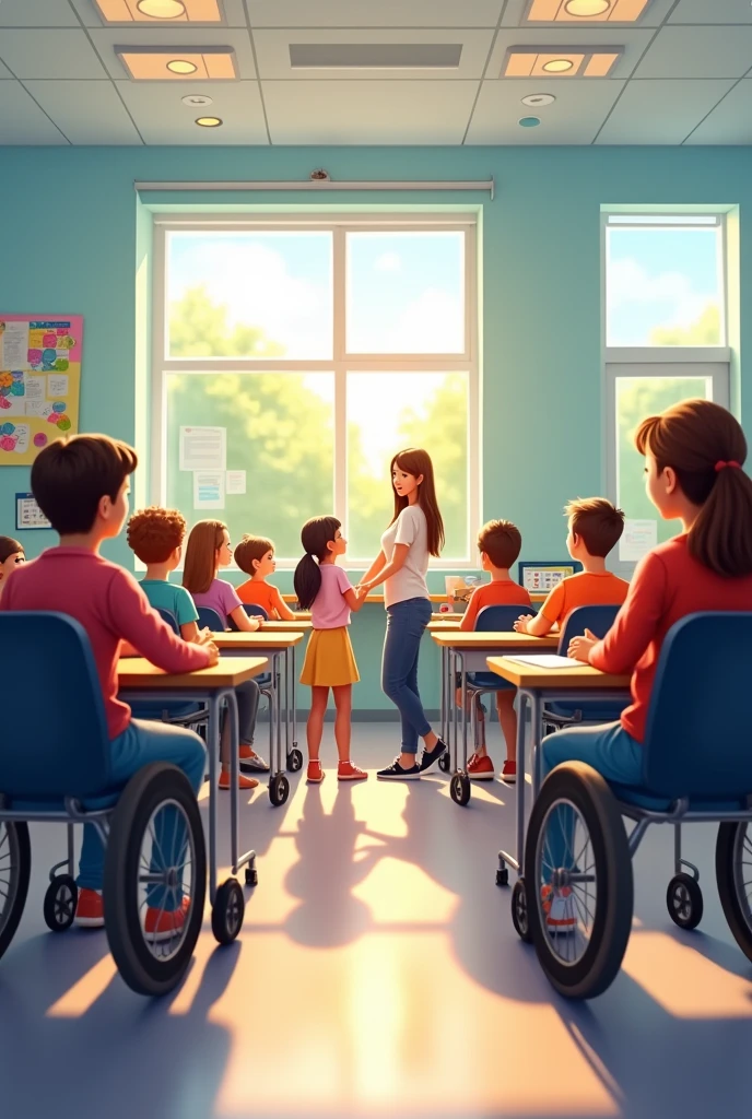 An inclusive classroom where there are several different people, with disabilities in the legs or arms, all in different conditions