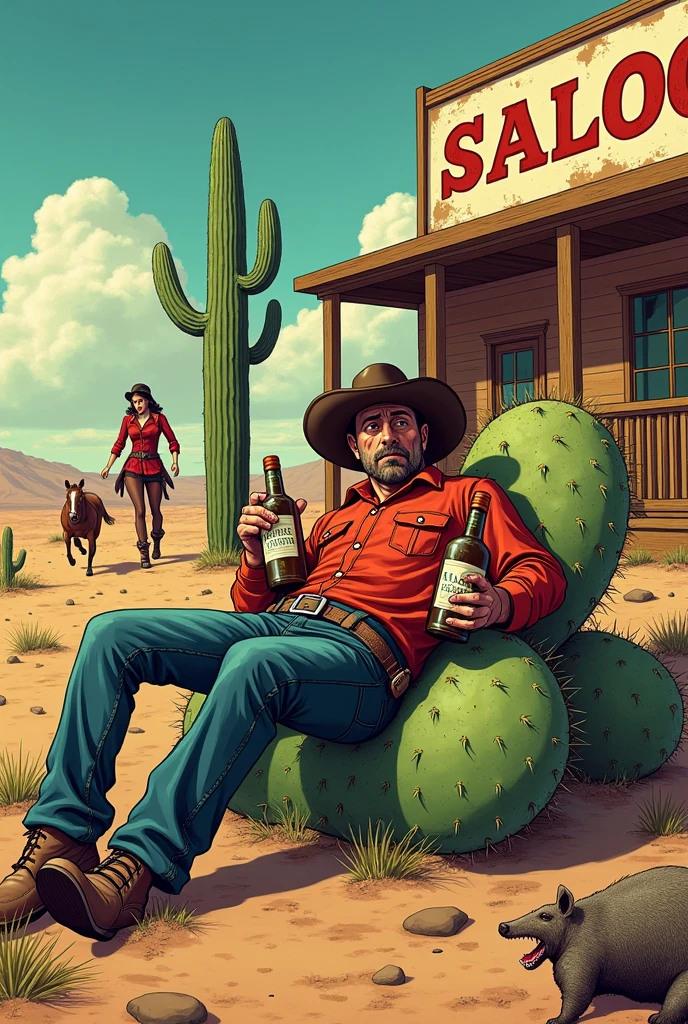 Hyperrealistic color comic 1950s look a drunk cowboy next to a saloon with two large bottles of liquor in his hands lying on top of a cactus in the desert a cowgirl woman helps him in the background a saloon next to him the horse a dog an armadillo and a cowgirl woman who helps him get up in the background a saloon
