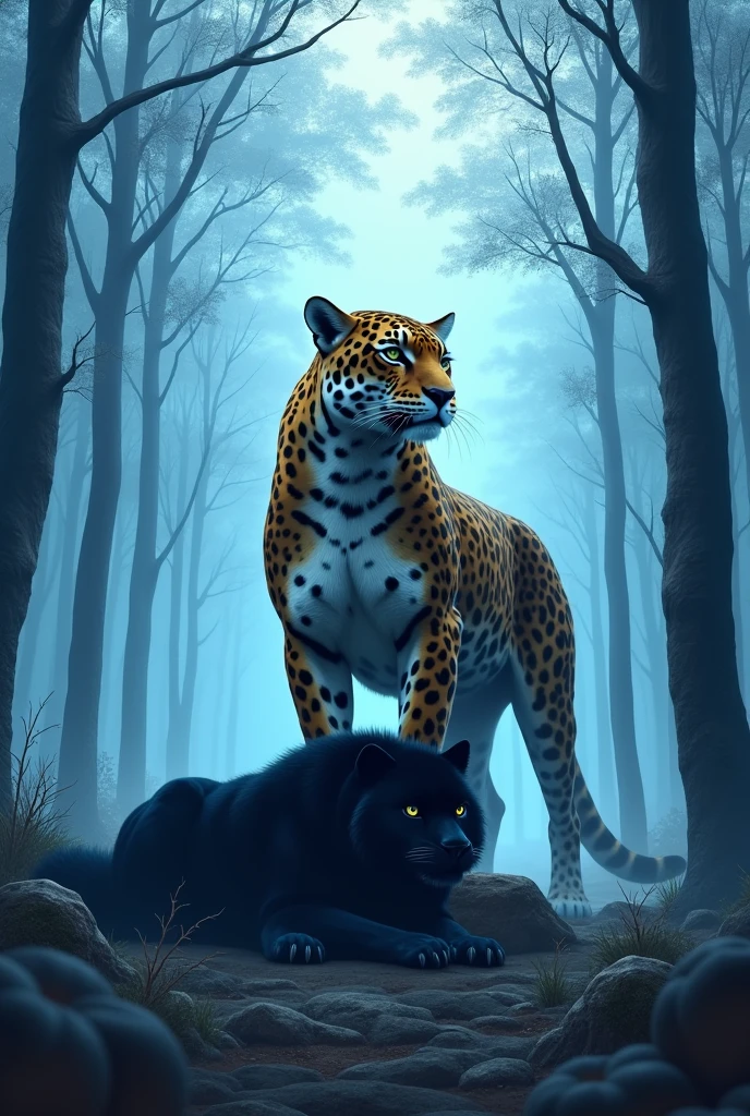 Jaguar standing on a dead black wolf in a blue forest