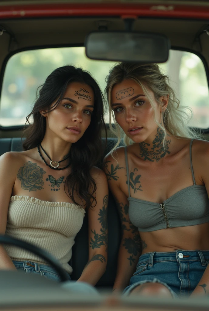 2 women sitting in a small car. an old grandma and a younger one who has tattoos on her body. on the forehead of younger Andreas is written his property. grandma has no tattoos. realistic still.