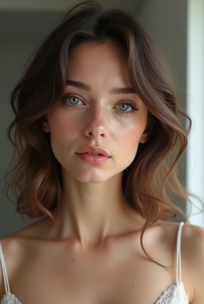 Visage d’une fille brune de 22 ans avec les yeux bleu de type européenne, Italian with fine features and light freckles, qui a un menton lisse sans fossette et qui se prend en photo dans le miroire d’une salle de bain modern, very detailed and very realistic in 4k