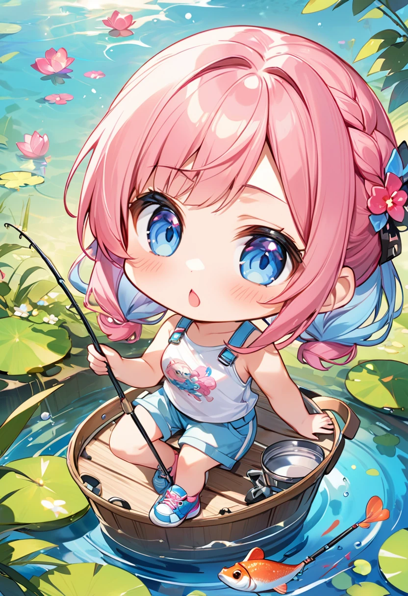 Highest quality、High resolution、Detailed Background、Beautiful face in every detail、Anatomically correct、Detailed facial expressions、fine grain、((full body, from front, looking away:1.2)), break ((One Girl:1.5)、((Chibi Girl:1.5)))、Bright pretty hair color、Big beautiful blue eyes、Fuller lips、Pink Lips、Braided twintails、Ahoge、break ((One fishing rod:1.5、Fishing by the pond:1.5))、(Cute sleeveless shirt、Cute Pants、Cute sneakers、Cute hair accessories)、break ((Angry expression:1.2、Complaining、Flexible fishing rod:1.2))、break ((In the background is an old bucket and a pile of worn-out shoes:1.5、Frog))