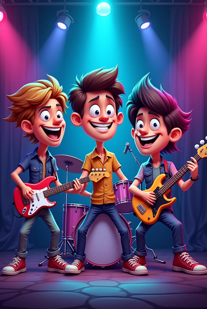 Draw a music band with a drummer in the middle, a guitarist on the left and a bass' musician on the right like in a cartoon.