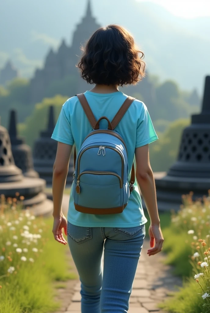 Backside European girl with white skin With her shoulder-length curly hair dyed black hair slightly yellowish, With a light blue small Sleeved with a velvety surface backpack and a light blue short sleeved t-shirt and jeans all over legs and white shoes walking around far from Borobudur tample