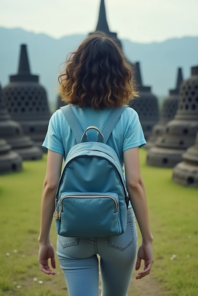 Backside European girl with white skin With her shoulder-length curly hair dyed black hair slightly yellowish, With a light blue small Sleeved with a velvety surface backpack and a light blue short sleeved t-shirt and jeans all over legs and white shoes walking around far from Borobudur tample