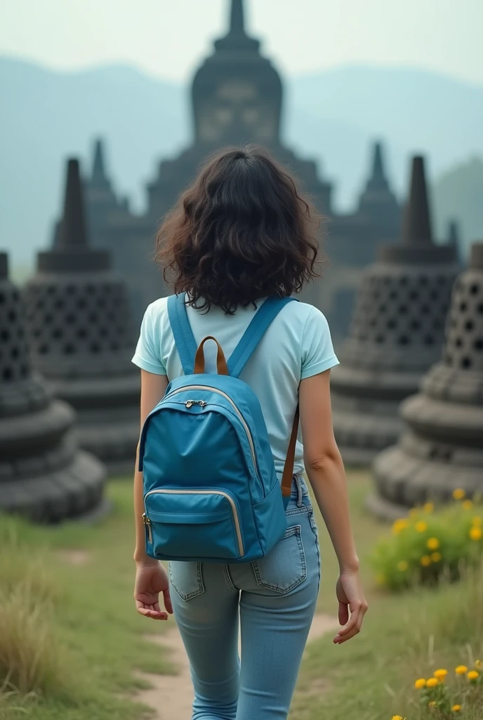 Backside European girl with white skin With her shoulder-length curly hair dyed black hair slightly yellowish, With a light blue small Sleeved with a velvety surface backpack and a light blue short sleeved t-shirt and jeans all over legs and white shoes walking around far from Borobudur tample