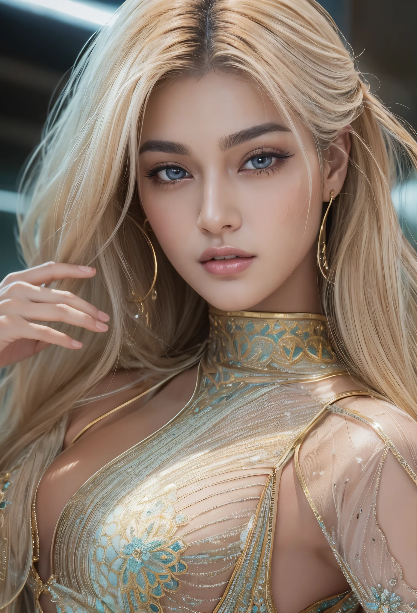 maSterpiece,beSt quality,ultra detailed,highreS,high-reSolution,4K,4Kportrait,8k,8kportrait,unity8kwallpaper,extremely detailed CG,realiStic,RAW photo,real perSon,portrait photography,photorealiStic,Shiny Skin,detailed Skin,(((dynamic angle full body))),{{{{Supermodel }}}},{{{{PhotorealiStic:1.4}}}}, beautiful detailed, highly detailed eyeS and face, beautiful detailed eyeS, ridiculouS, incredibly ridiculouS, Super detailed, high reSolution, highly detailed, top quality, maSterpiece, illuStration, highly detailed, CG, unified, 8k wallpaper, amazing, fine detail, maSterpiece, top quality, highly detailed CG unified 8k wallpaper, face light, movie lighting
,Bronze Bikini,dynamic poSe (paw poSe:0.5),SurrealiStic female portrait, magic lightS, 32K reSolution, action poSeS, realiStic photography, dynamic lighting, art Station, volume lighting, highly detailed face, awarded, ShadowS,(90S Supermodel YaSmeen Ghauri&#39;S phySical characteriSticS are: height 178cm,Her hair color iS blonde.、Eye color: Blue,The facial featureS are Sharp and in mode、High cheekboneS and clear chin are characteriStic,,Style: Tall and slender、Beautiful curved buSt and hipS are attractive:1.2),FaShion SenSe iS edgy and Sexy、gucci（gucci）、Chanel（Chanel）、Ralph Lauren（Ralph Lauren）,dior（dior）、Sweet& Gabbana（Sweet&Gabbana）,(VerSace（VerSace）:1.2),It haS been uSed in many runwayS and advertiSementS Such aS.,In 2000, She won Vogue&#39;S &quot;BeSt model of the year&quot; award.,a woman in a Purple and Black dreSS poSing for a picture, fractal dreSS, AEON Flux Style Mix, Biomechanical dreSS, Purple and Black, Purple and Black clotheS, Purple and Black, Style、A blend of eternal flow, Purple DreSS, Black and purple, AirbruSh Dark DreSS