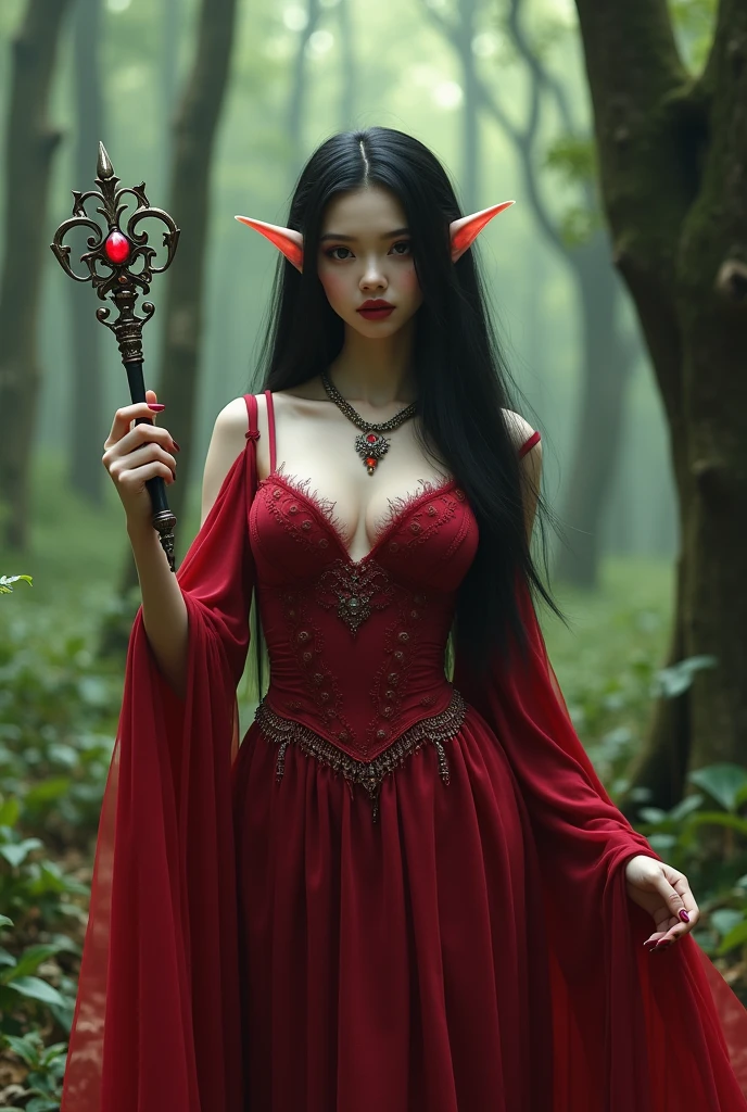 woman, long straight black hair, elf type, cherry dress, large bust, in fantasy forest, with a scepter, looking at the camera, photorealistic