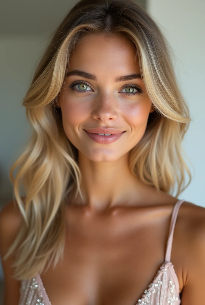 blonde girl with green eyes, beautiful smile, big boobs, realistic photo for instagram post