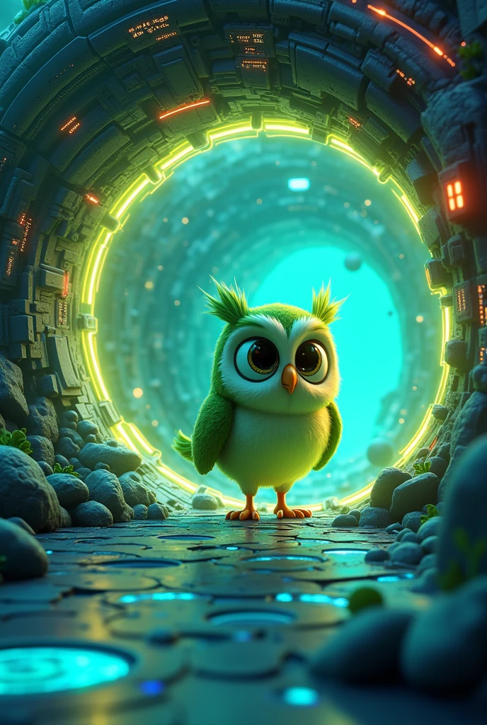 Create a background with an electronic universe in which a cartoon-style green owl travels between portals.
