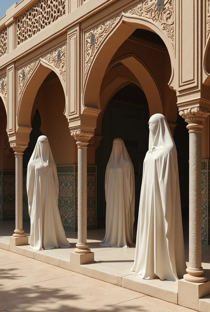 Maison mauresque tenue par des piliers en formes de femmes voilées en hayak algerien tlemcenien