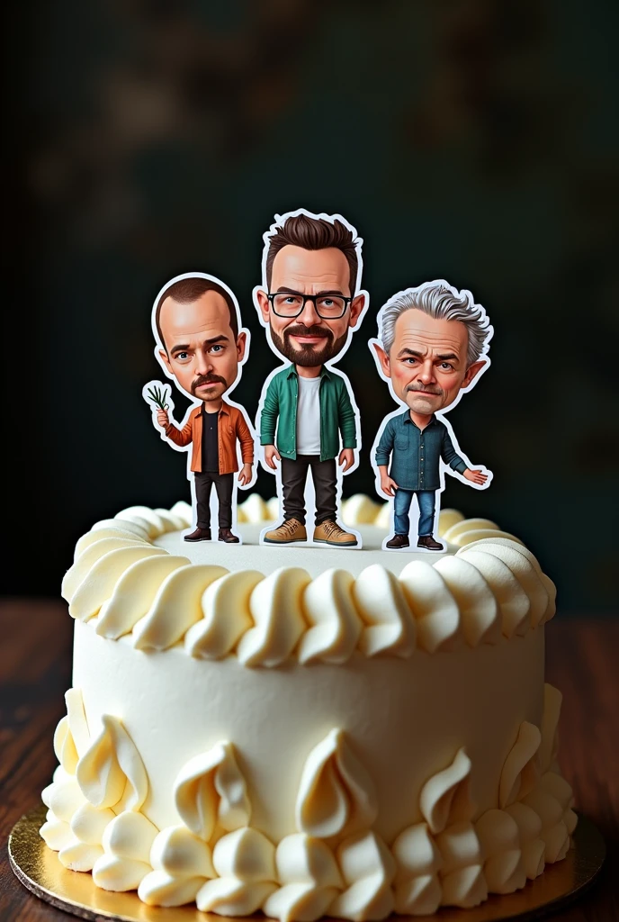 Breaking Bad inspired whipped cream cake decoration with paper topper featuring the characters