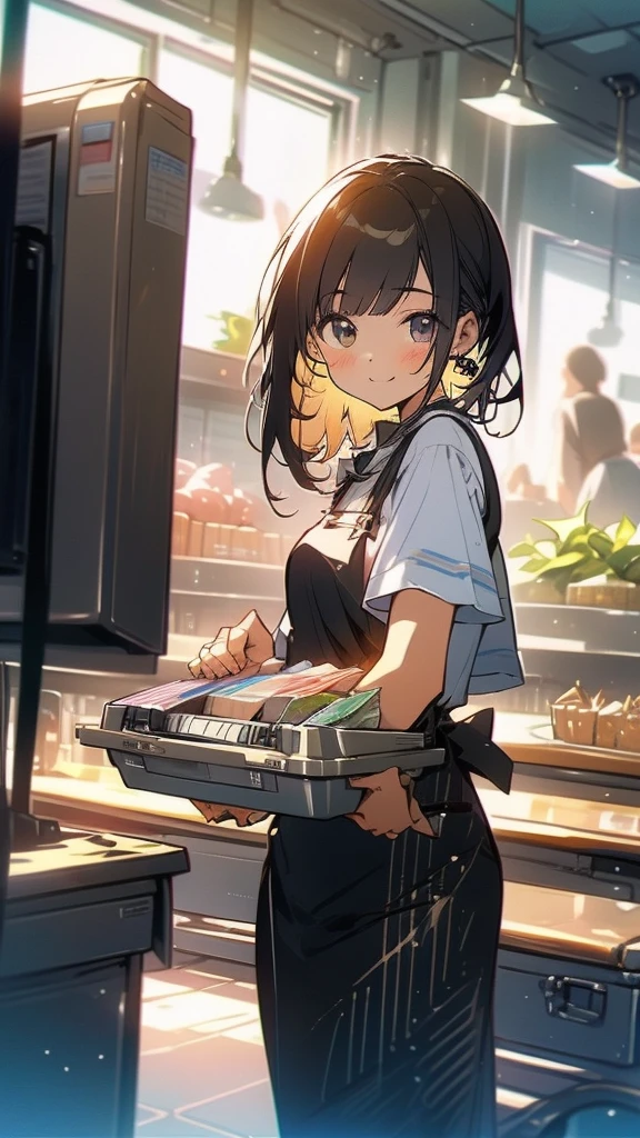 young woman,smile,((Standing inside the cash register)),Touching the cash register machine,Customer Service,((There is a cash register on the table)),(Scanning product barcodes at the cash register)),Each person has one register,Supermarket clerk,Wearing an apron,uniform,((Working as a cashier)),((There are multiple cashiers.)),((cashier,register,)),((Receive money from customers)),There are products on the shelves,In the supermarket,Bright interior,grocery store,There are customers.