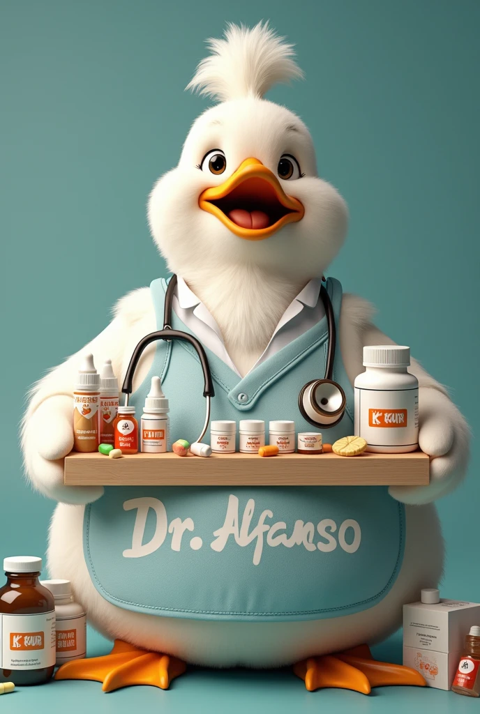 A duck white colour wearing white and blue apron,with stethoscope, hyper realistic, fatty and cute appearance, showing advertisement of drugs , with holding a board showing capsules of gas.
White colour duck ,
Written Dr. Alfanso
Behind board showing different medicines and capsules,tonics.
Dr. Alfanso written on every tonics with name ,
Kvr written on stethoscope