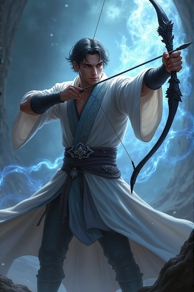 Sagitarius male, aesthetic posing bow, robe , magic, splash art
