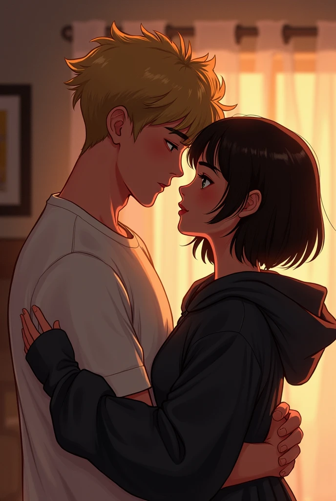 A guy and girl hugging each other, guy: blonde fluffy hair, light skin, clean shave and realistic girl: black brown hair short, wearing a loose black hoodie, dark skin tone, black eyes, straight hair make it very realistic make it cozy and romantic make them looking into each others eyes make it realistic gurl shouldn’t have bangs